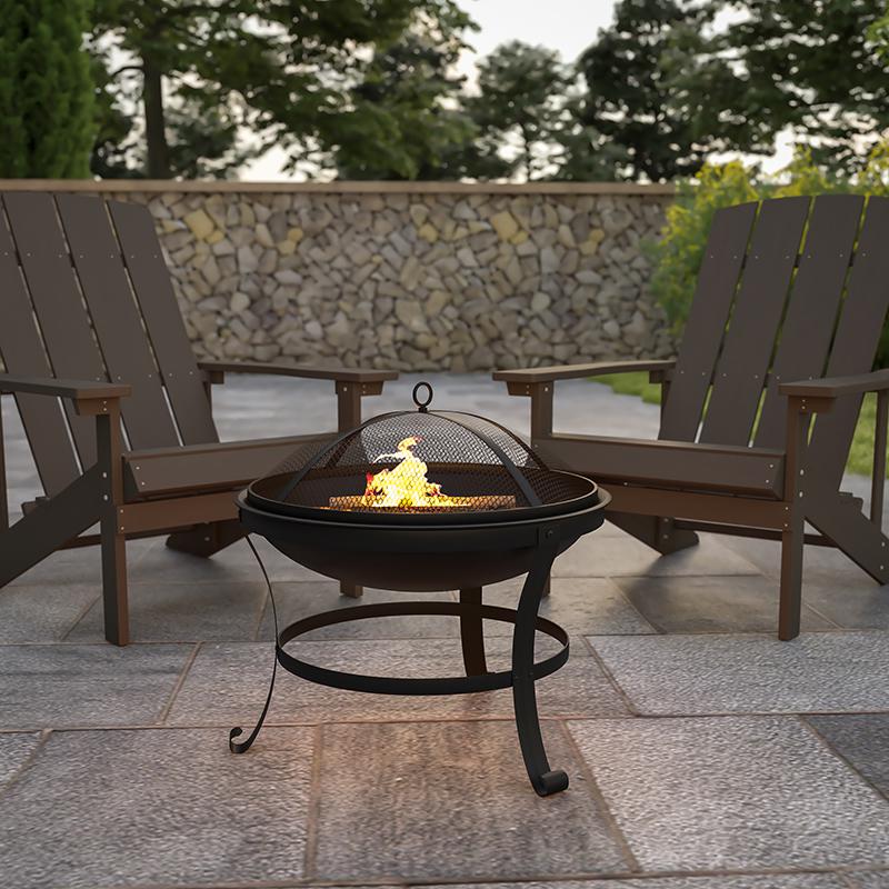22'' Round Wood Burning Firepit with Mesh Spark Screen and Poker - Flash Furniture