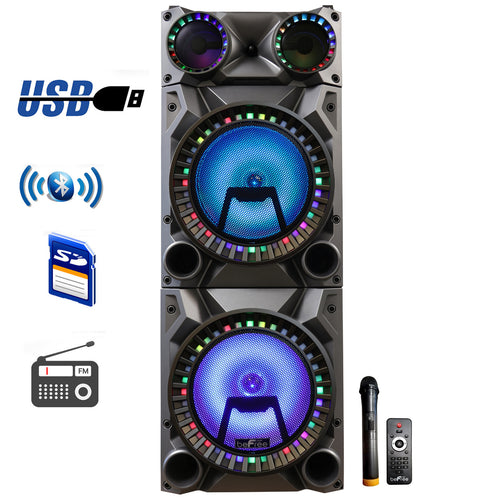 Befree beFree Sound Rechargeable Bluetooth 12inch Double Subwoofer Portable Party Speaker with Dual Layer Reactive Party Lights, USB, SD and AUX Inputs with FM Radio - Factory Reconditioned