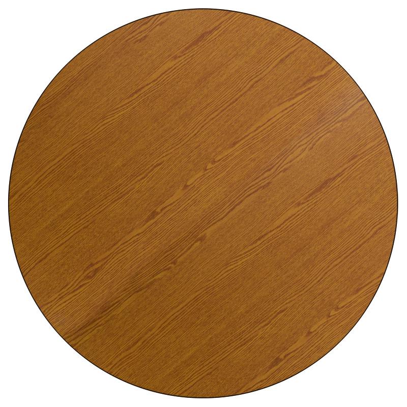 60'' Round Oak Thermal Laminate Activity Table - Height Adjustable Short Legs - Flash Furniture