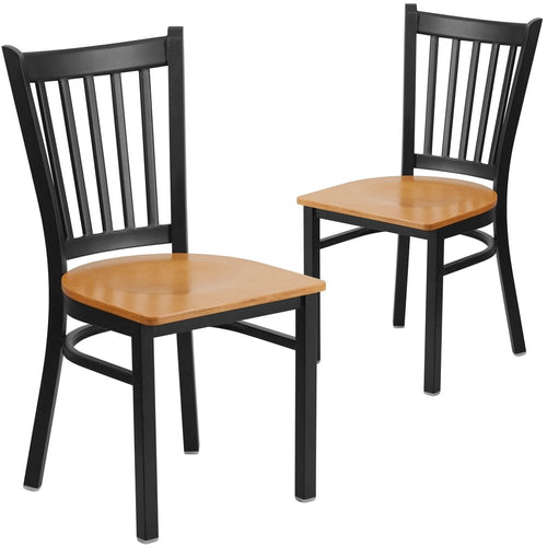 2 Pk. Black Vertical Back Metal Restaurant Chair - Natural Wood Seat - Flash Furniture