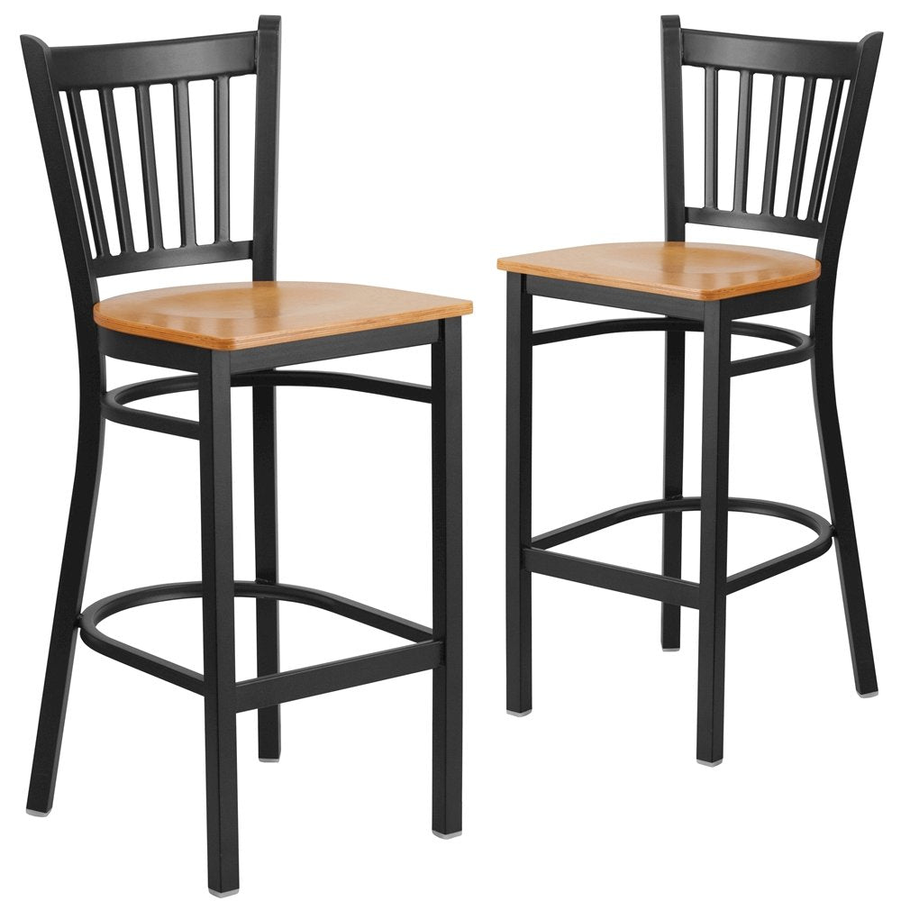 2 Pk. Black Vertical Back Metal Restaurant Barstool - Natural Wood Seat - Flash Furniture