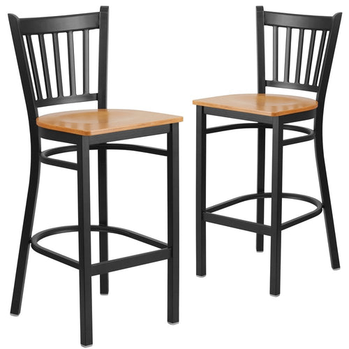 2 Pk. Black Vertical Back Metal Restaurant Barstool - Natural Wood Seat - Flash Furniture