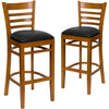 2 Pk. Cherry Finished Ladder Back Wooden Restaurant Barstool - Black Vinyl Seat - Flash Furniture