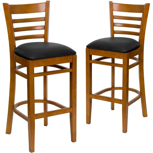 2 Pk. Cherry Finished Ladder Back Wooden Restaurant Barstool - Black Vinyl Seat - Flash Furniture