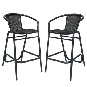 Set of 2 Rattan Restaurant Barstool with Black Aluminum Frame, Black - Flash Furniture