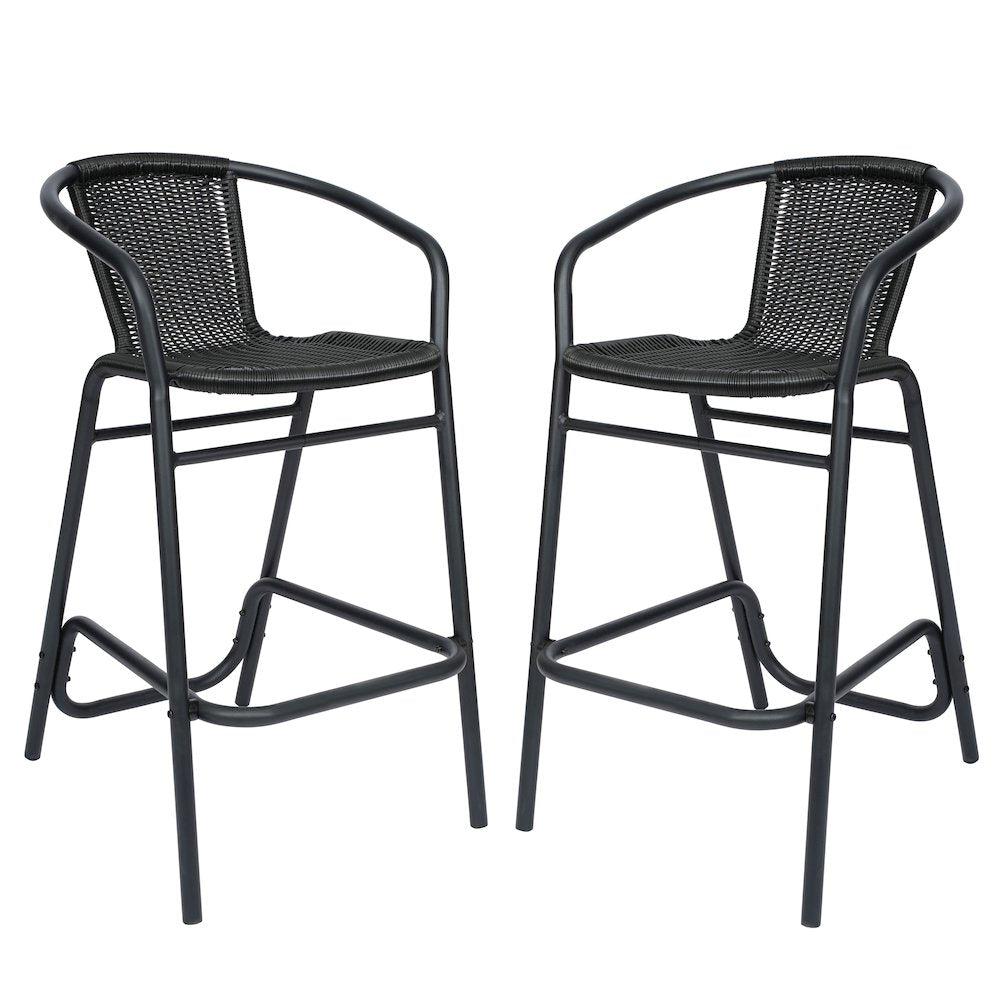 Set of 2 Rattan Restaurant Barstool with Black Aluminum Frame, Black - Flash Furniture