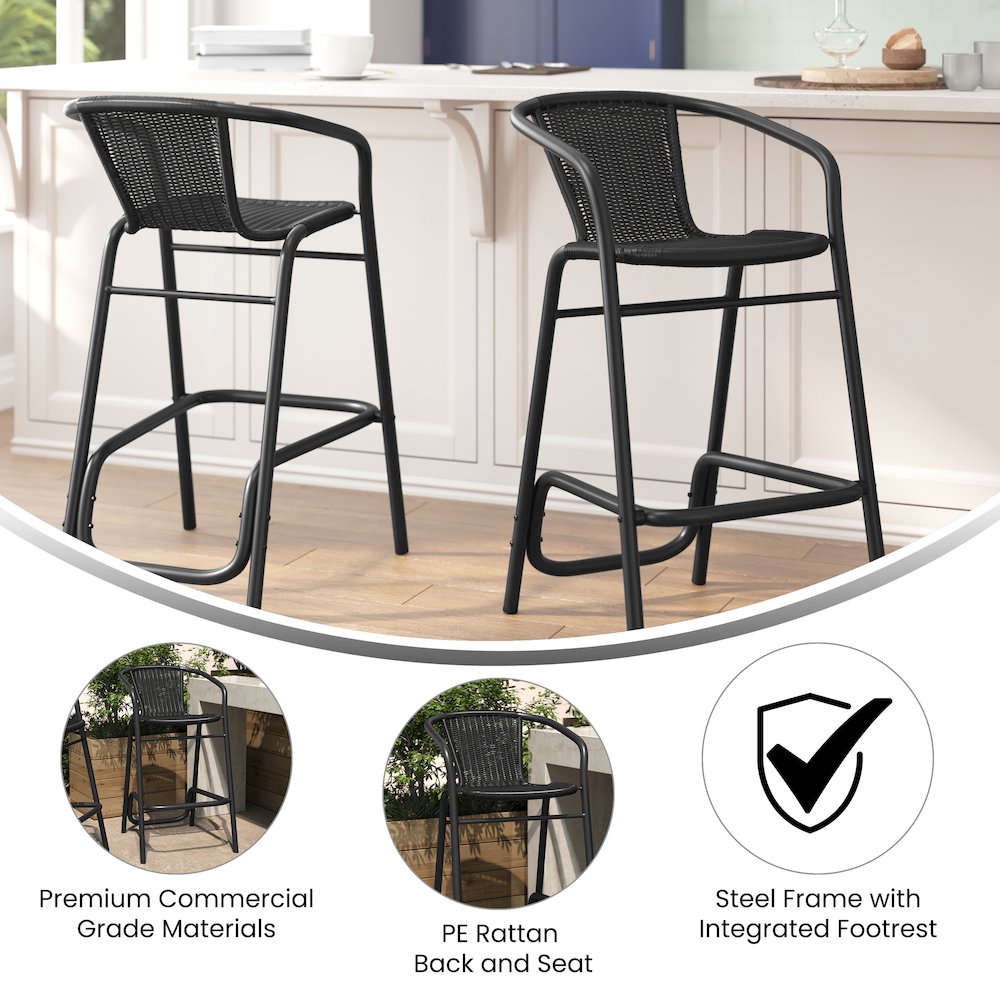 Set of 2 Rattan Restaurant Barstool with Black Aluminum Frame, Black - Flash Furniture