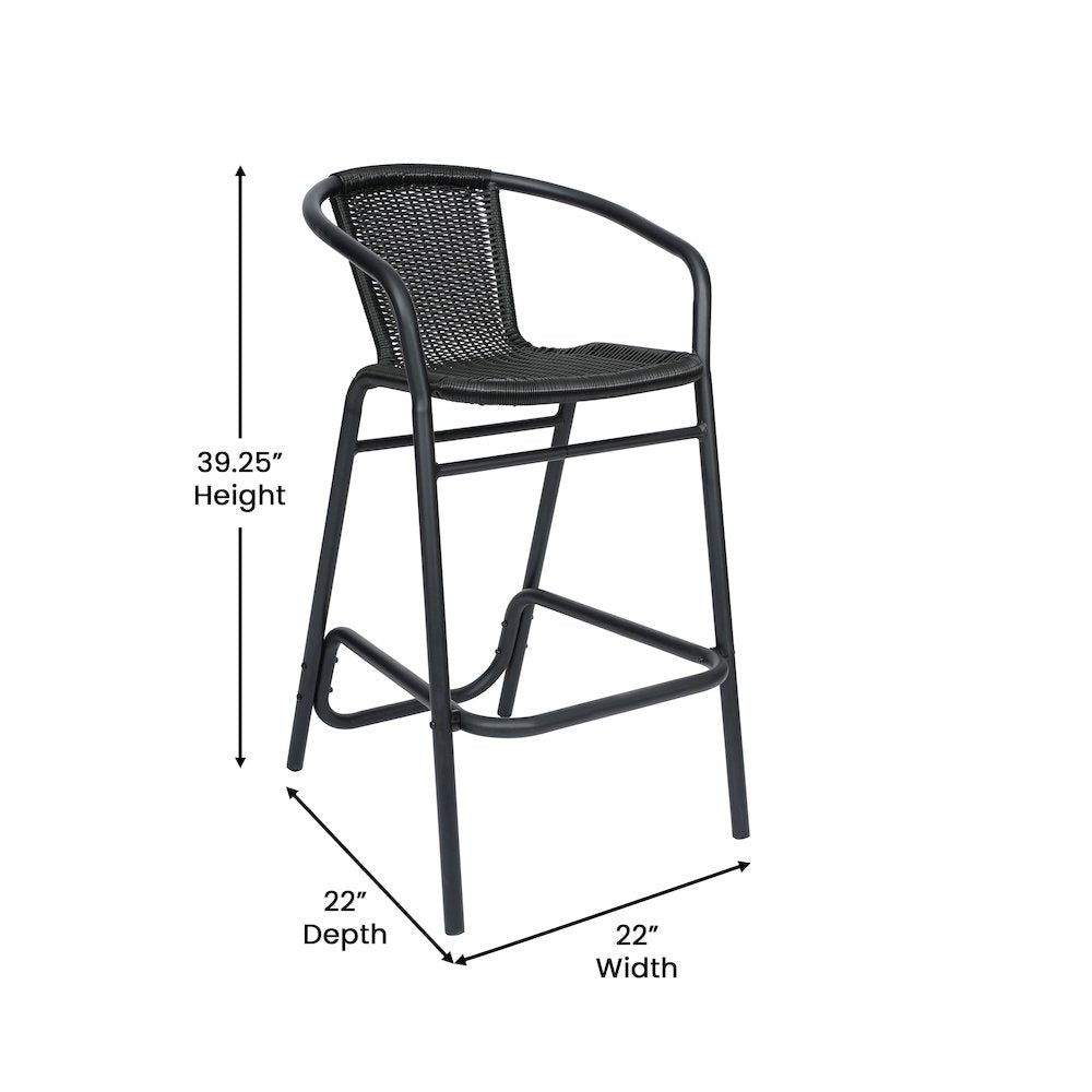 Set of 2 Rattan Restaurant Barstool with Black Aluminum Frame, Black - Flash Furniture