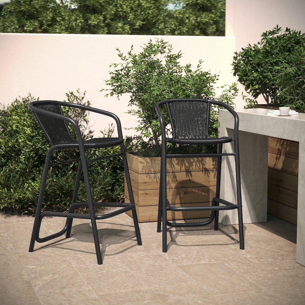 Set of 2 Rattan Restaurant Barstool with Black Aluminum Frame, Black - Flash Furniture