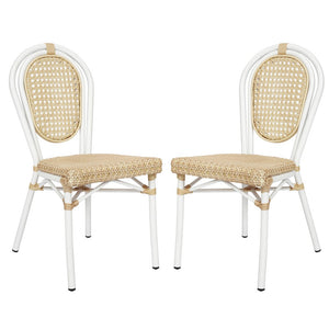 2 Pack Bistro Stacking Chair, Natural PE Cane Rattan and White Aluminum Frame - Flash Furniture
