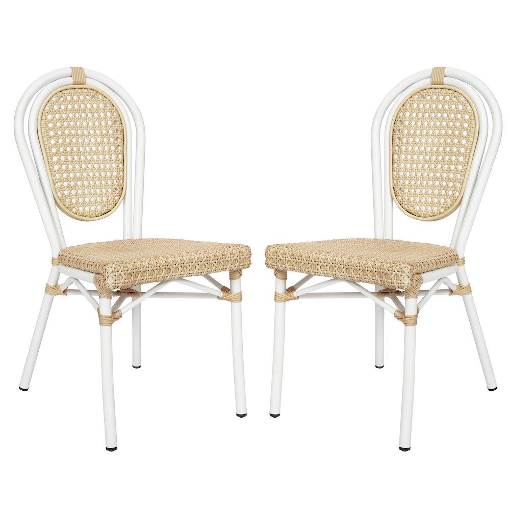 2 Pack Bistro Stacking Chair, Natural PE Cane Rattan and White Aluminum Frame - Flash Furniture