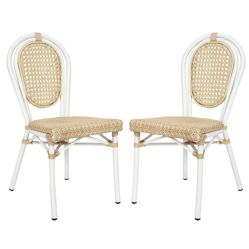 2 Pack Bistro Stacking Chair, Natural PE Cane Rattan and White Aluminum Frame - Flash Furniture