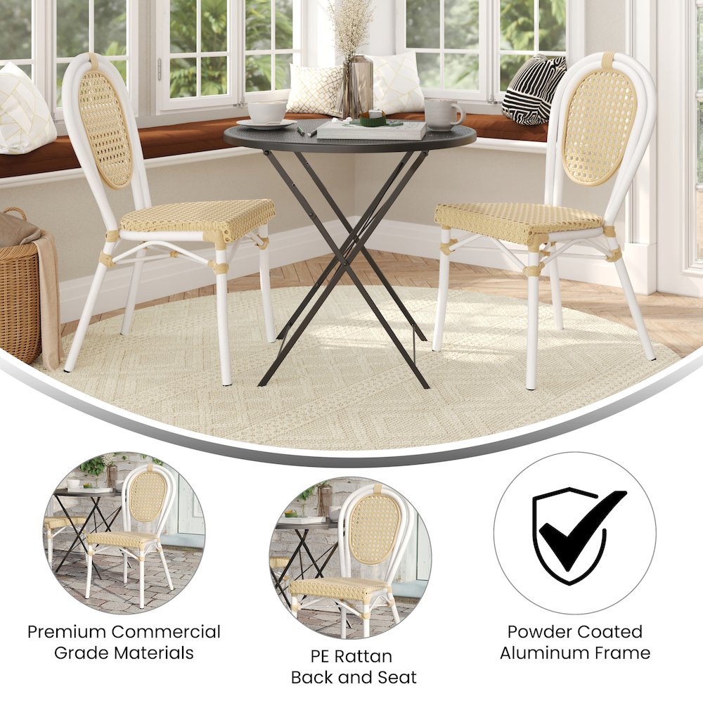 2 Pack Bistro Stacking Chair, Natural PE Cane Rattan and White Aluminum Frame - Flash Furniture