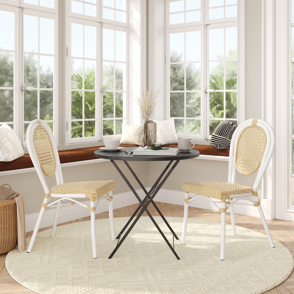 2 Pack Bistro Stacking Chair, Natural PE Cane Rattan and White Aluminum Frame - Flash Furniture