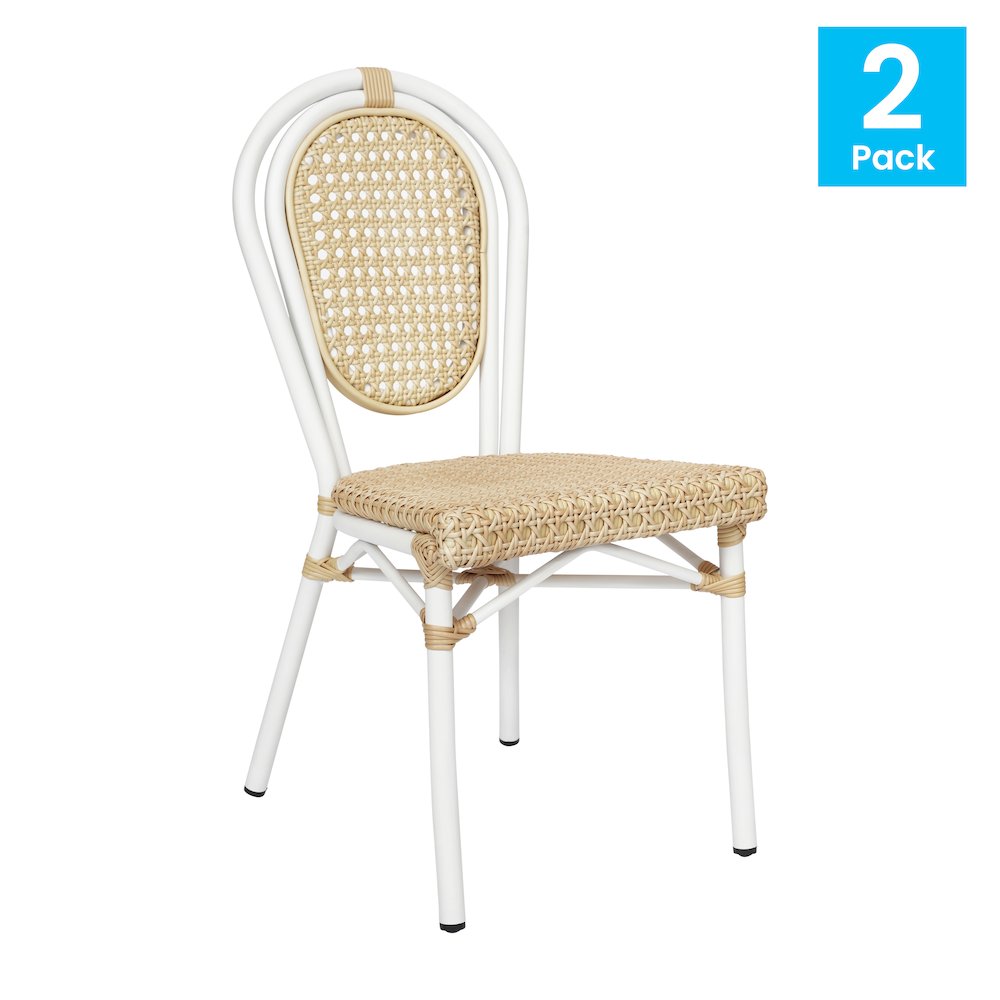2 Pack Bistro Stacking Chair, Natural PE Cane Rattan and White Aluminum Frame - Flash Furniture