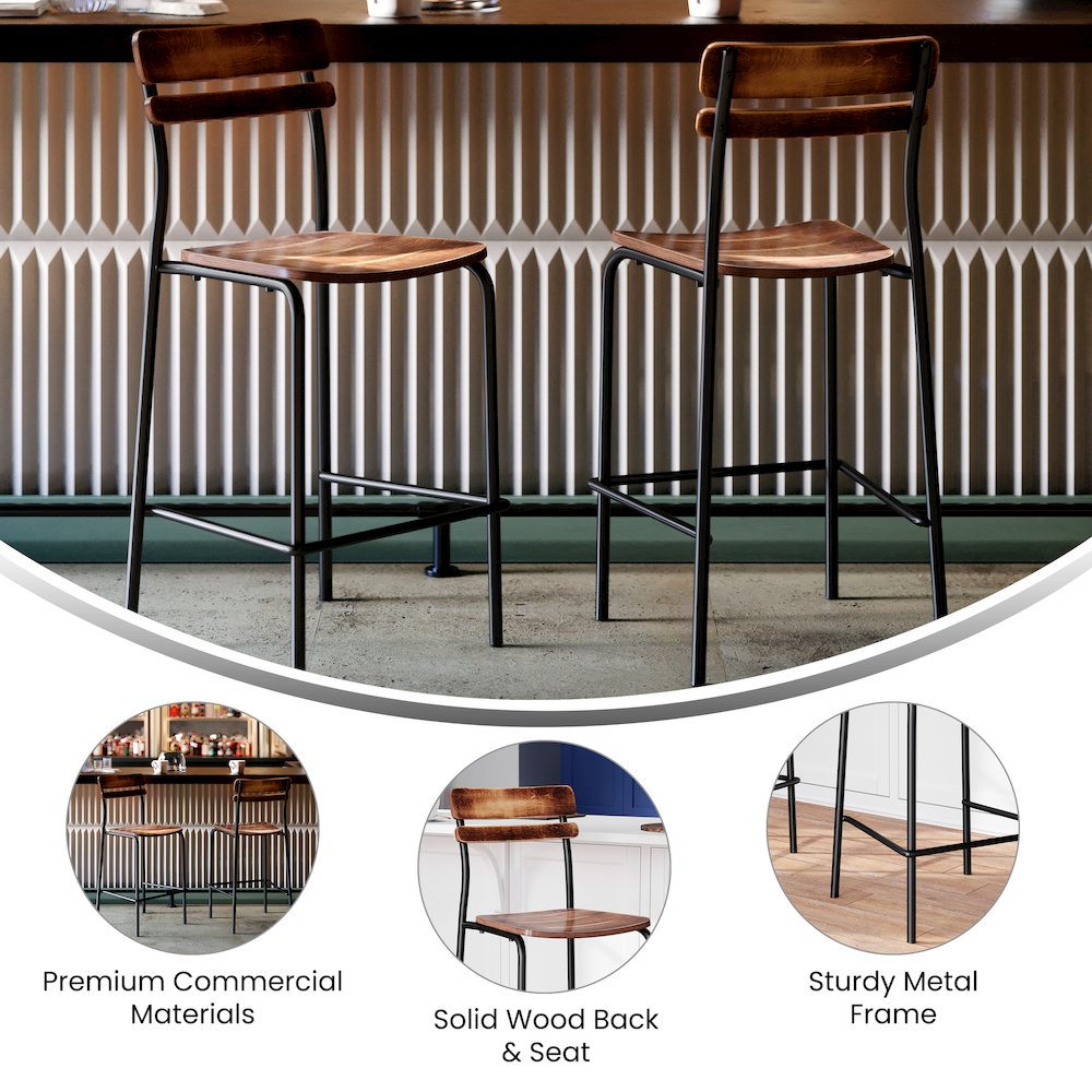 2 Pack Cyprus Solid Wood Bar Stools, Black Metal Frames, Antique Copper Finish - Flash Furniture