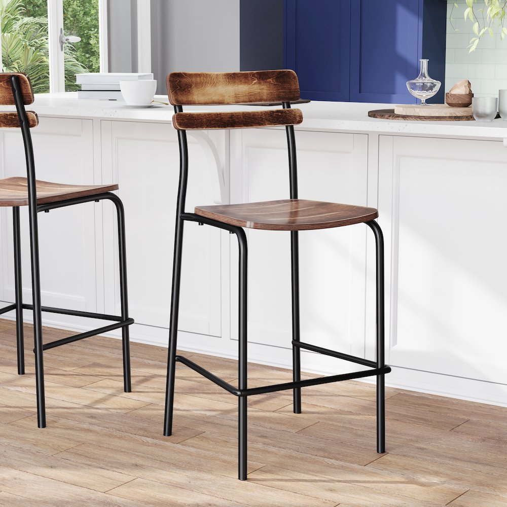 2 Pack Cyprus Solid Wood Bar Stools, Black Metal Frames, Antique Copper Finish - Flash Furniture