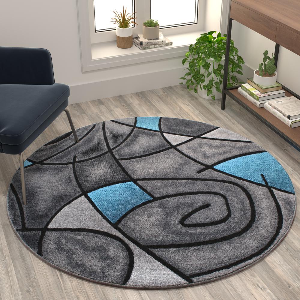5' x 5' Round Blue Abstract Area Rug - Olefin Rug - Flash Furniture
