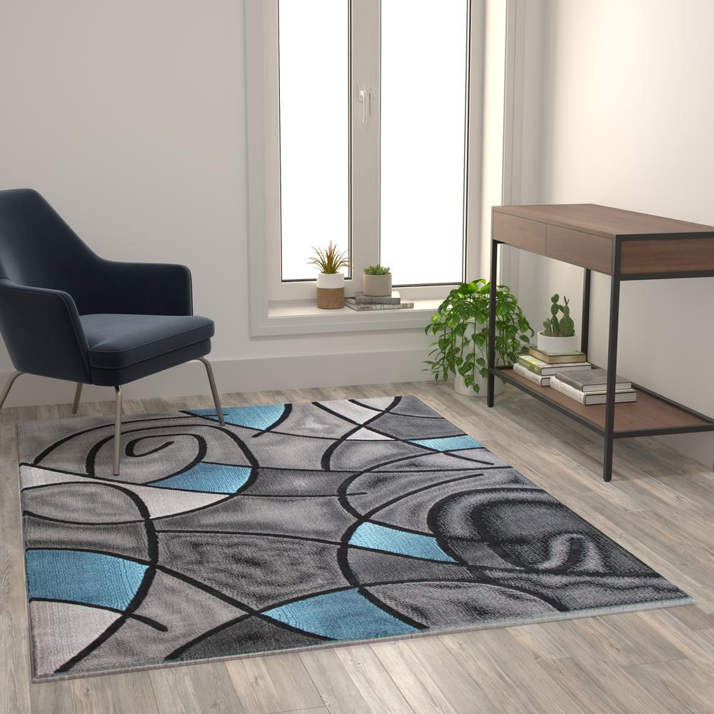 5' x 7' Blue Abstract Area Rug - Olefin Rug - Living Room, Bedroom,, Family Room - Flash Furniture