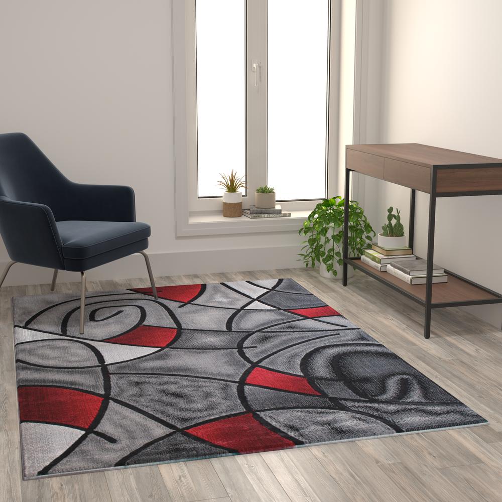 5' x 7' Red Abstract Area Rug - Olefin Rug - Living Room, Bedroom,, Family Room - Flash Furniture