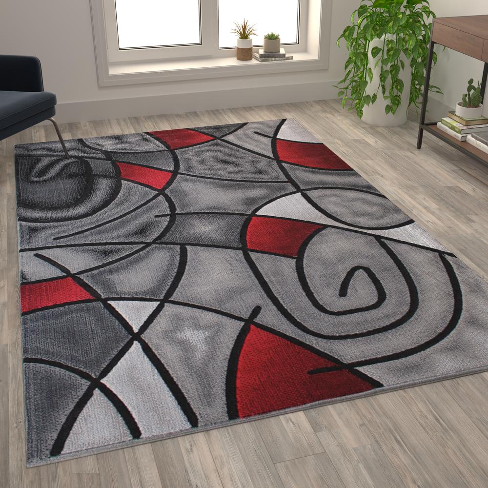 6' x 9' Red Abstract Area Rug - Olefin Rug - Living Room, Bedroom,, Family Room - Flash Furniture