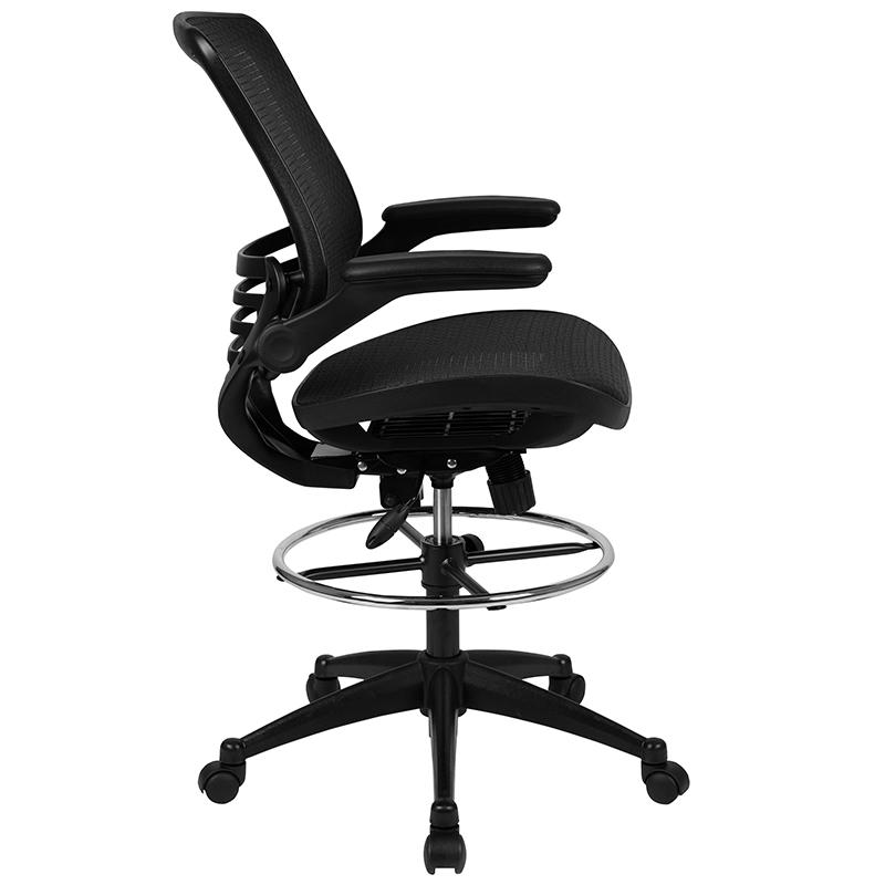 Mid-Back Transparent Black Mesh Drafting Chair with Black Frame and Flip-Up Arms - Flash Furniture