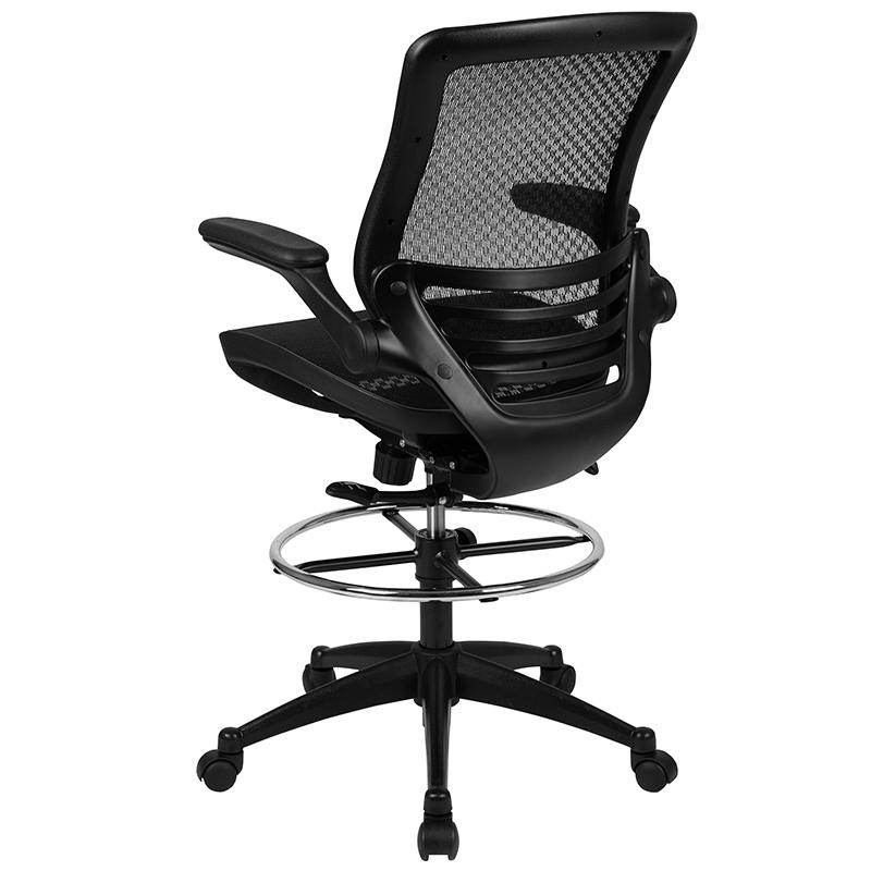 Mid-Back Transparent Black Mesh Drafting Chair with Black Frame and Flip-Up Arms - Flash Furniture