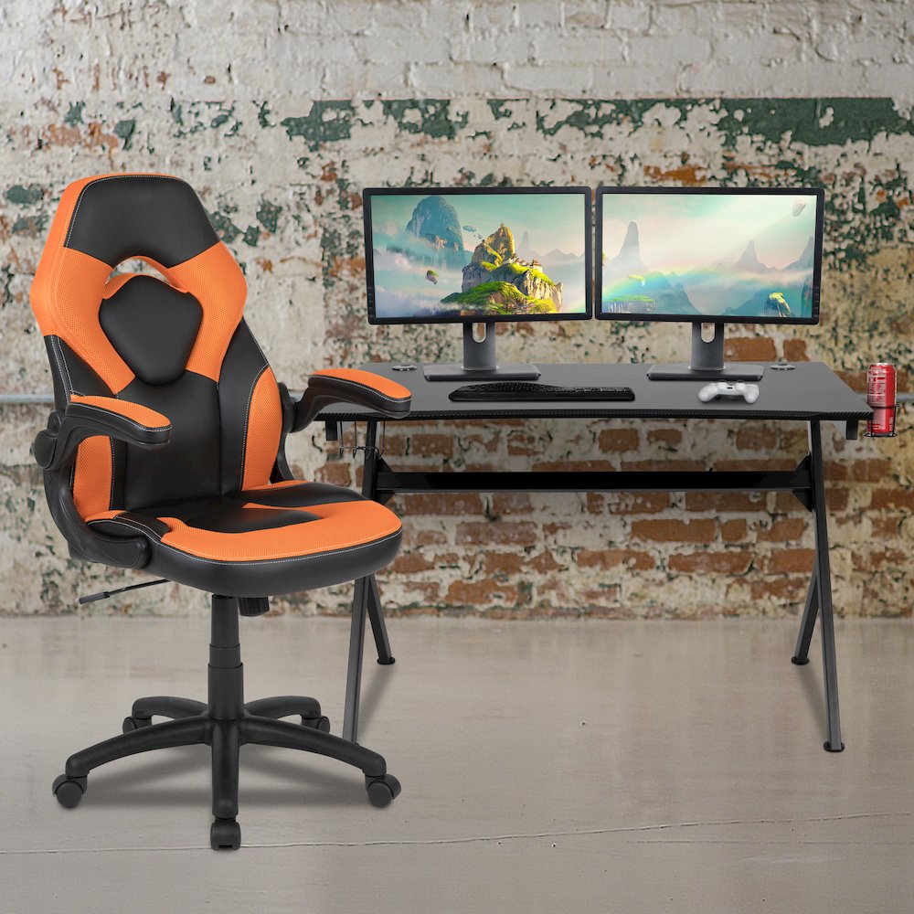 Black Gaming Desk and Orange/Black Racing Chair Set - Flash Furniture