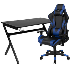 Black Gaming Desk and Blue/Black Reclining Gaming Chair Set - Flash Furniture