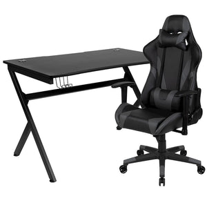 Black Gaming Desk and Gray/Black Reclining Gaming Chair Set - Flash Furniture