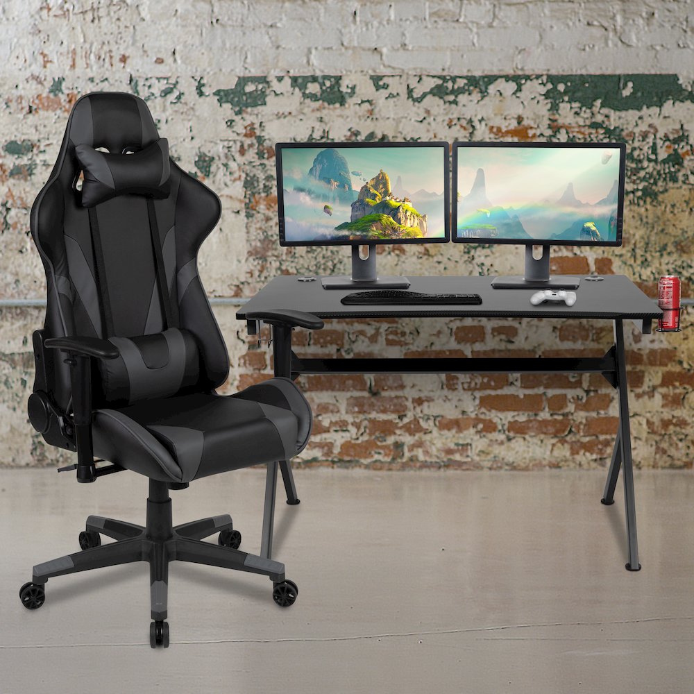 Black Gaming Desk and Gray/Black Reclining Gaming Chair Set - Flash Furniture