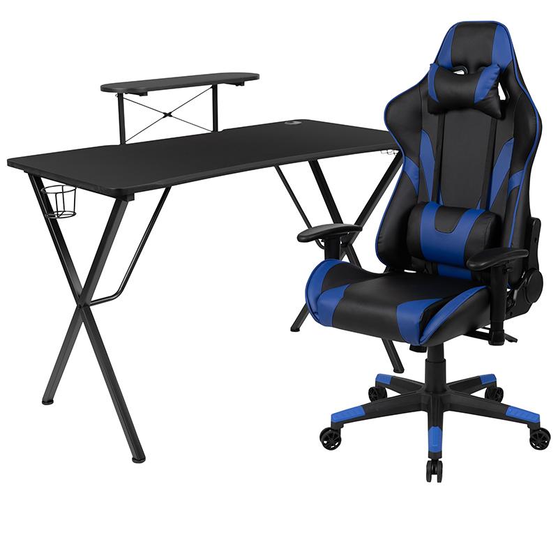 Black Gaming Desk and Blue Reclining Gaming Chair Set - Flash Furniture