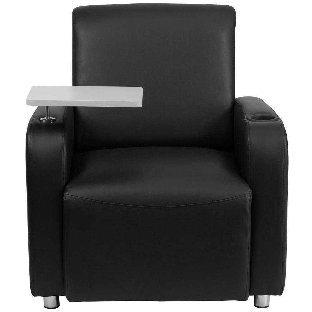 Black LeatherSoft Guest Chair with Tablet Arm, Chrome Legs and Cup Holder - Flash Furniture