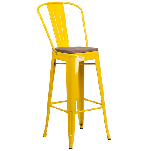 30'' High Yellow Metal Barstool with Back and Wood Seat - Flash Furniture