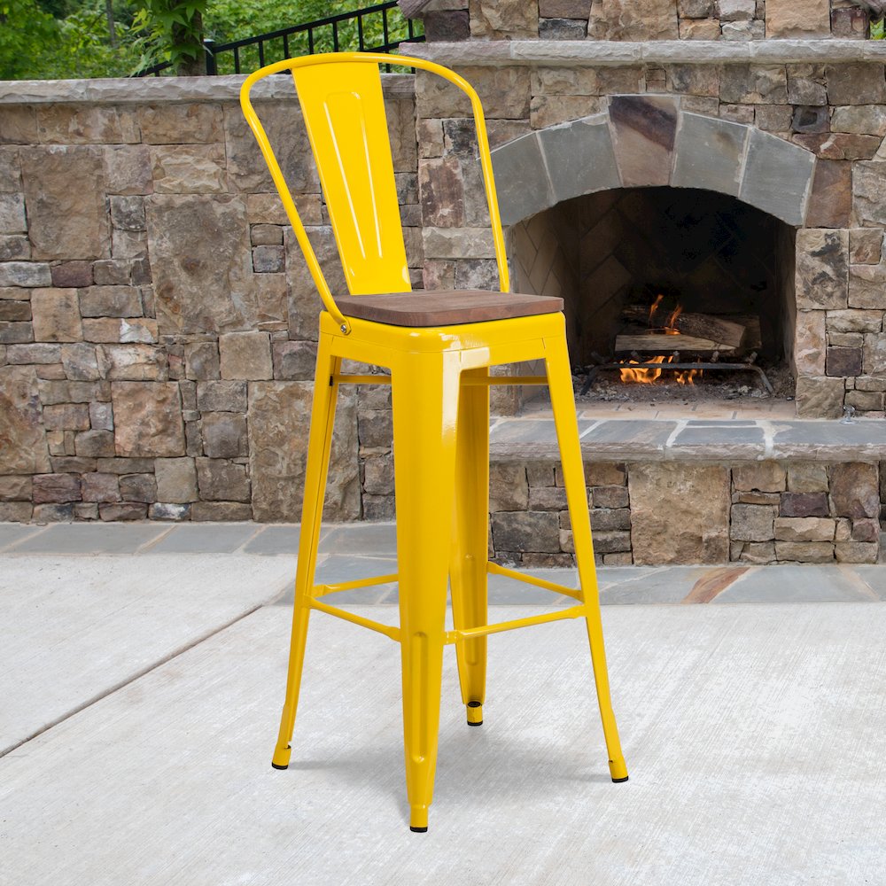 30'' High Yellow Metal Barstool with Back and Wood Seat - Flash Furniture