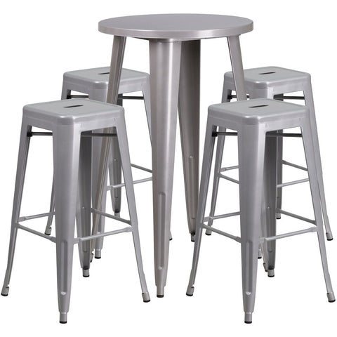 24'' Round Silver Metal Indoor-Outdoor Bar Table Set with 4 Seat Backless Stools - Flash Furniture