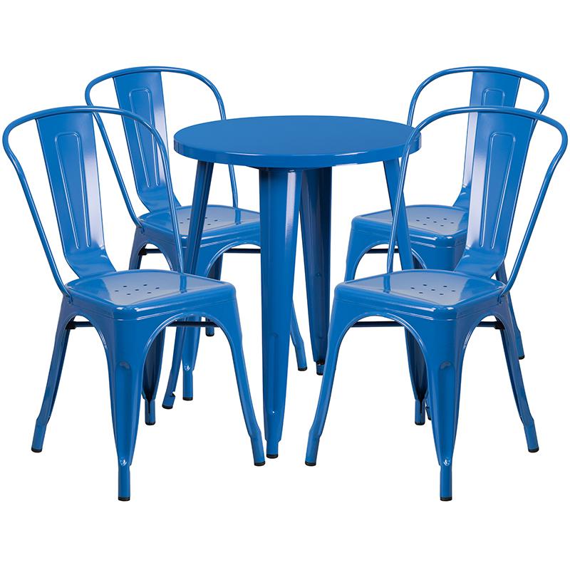 24'' Round Blue Metal Indoor-Outdoor Table Set with 4 Cafe Chairs - Flash Furniture