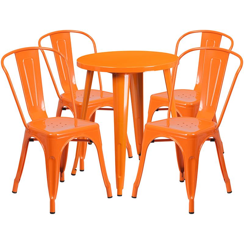 24'' Round Orange Metal Indoor-Outdoor Table Set with 4 Cafe Chairs - Flash Furniture