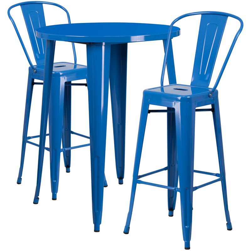 30'' Round Blue Metal Indoor-Outdoor Bar Table Set with 2 Cafe Stools - Flash Furniture