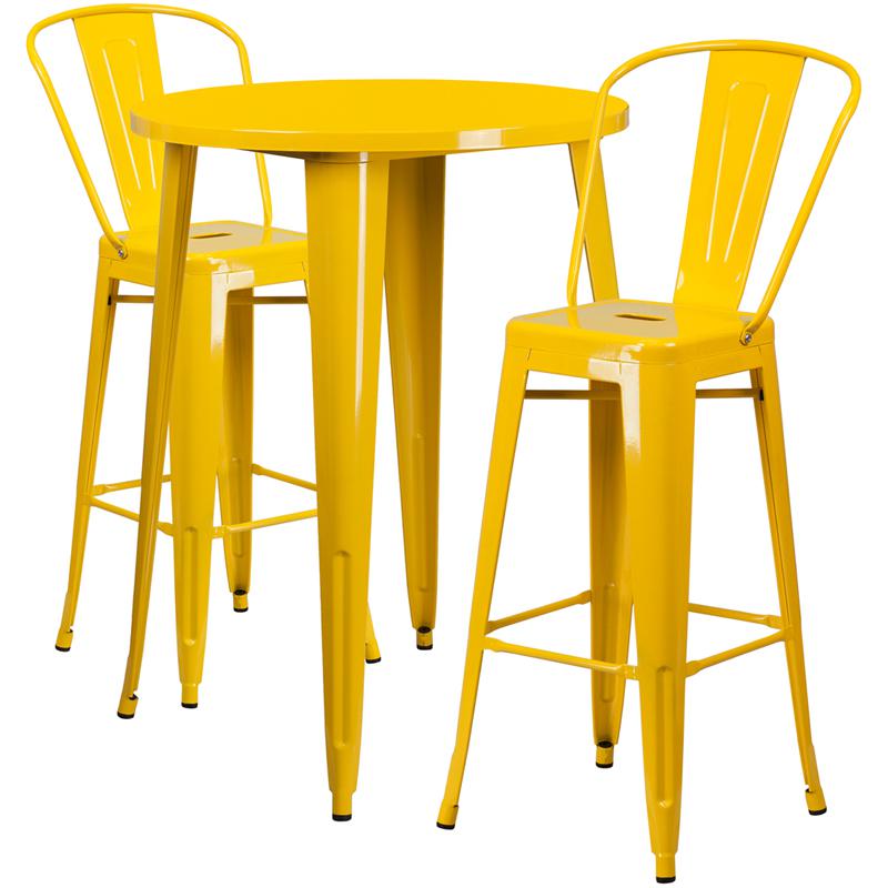 30'' Round Yellow Metal Indoor-Outdoor Bar Table Set with 2 Cafe Stools - Flash Furniture