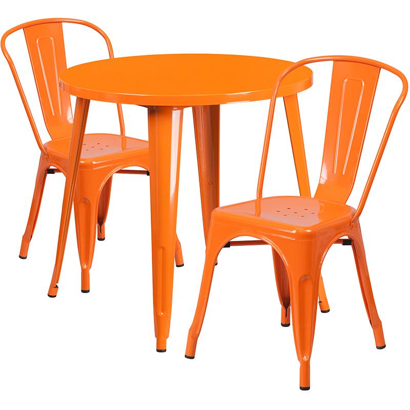 30'' Round Orange Metal Indoor-Outdoor Table Set with 2 Cafe Chairs - Flash Furniture