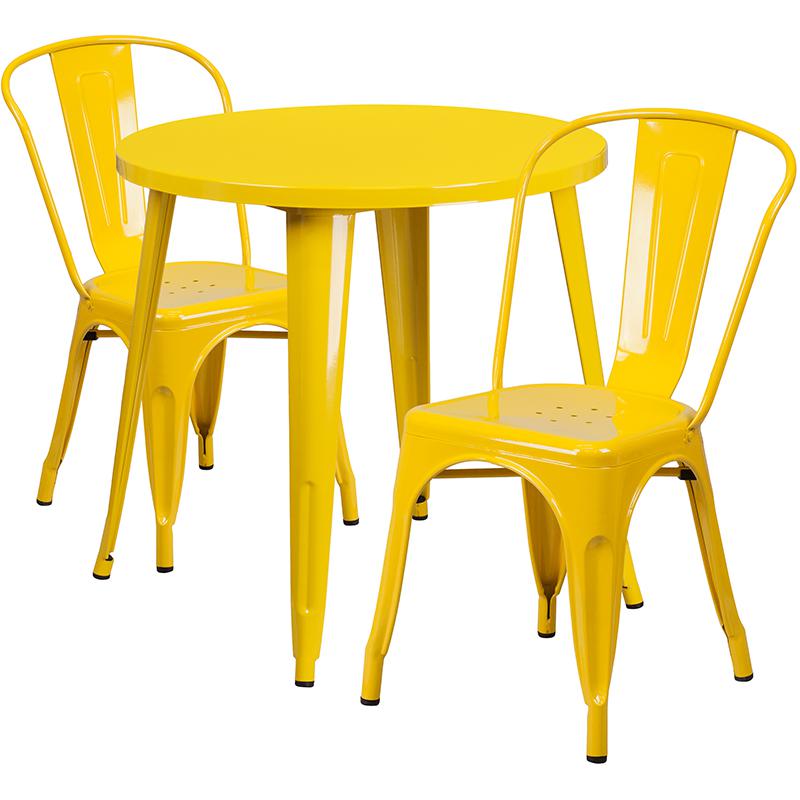 30'' Round Yellow Metal Indoor-Outdoor Table Set with 2 Cafe Chairs - Flash Furniture