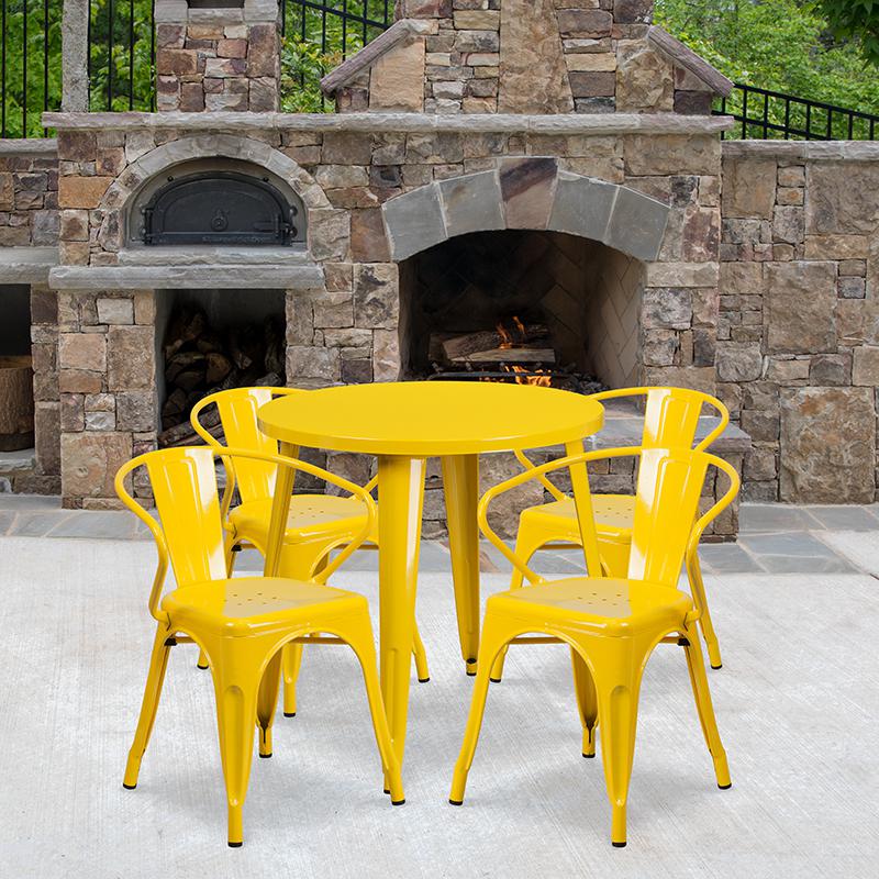 30'' Round Yellow Metal Indoor-Outdoor Table Set with 4 Arm Chairs - Flash Furniture