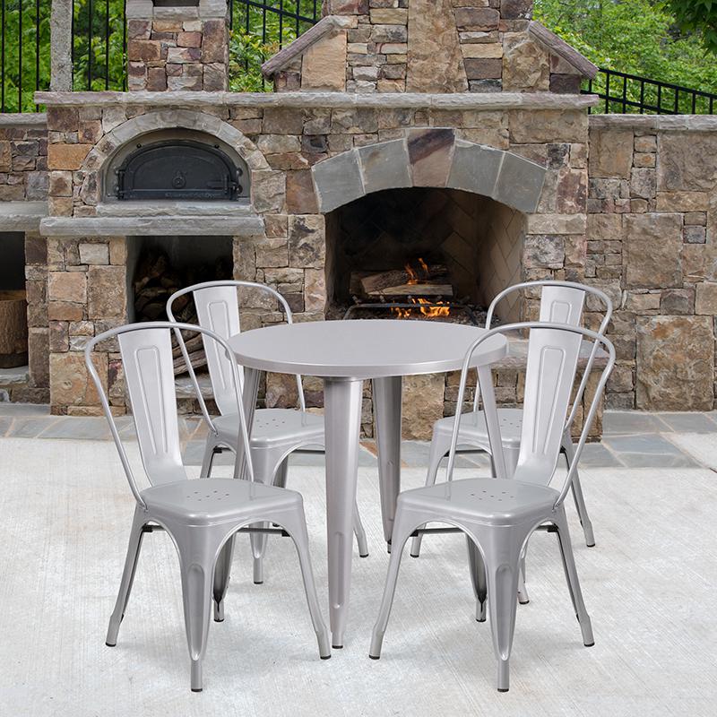 30'' Round Silver Metal Indoor-Outdoor Table Set with 4 Cafe Chairs - Flash Furniture