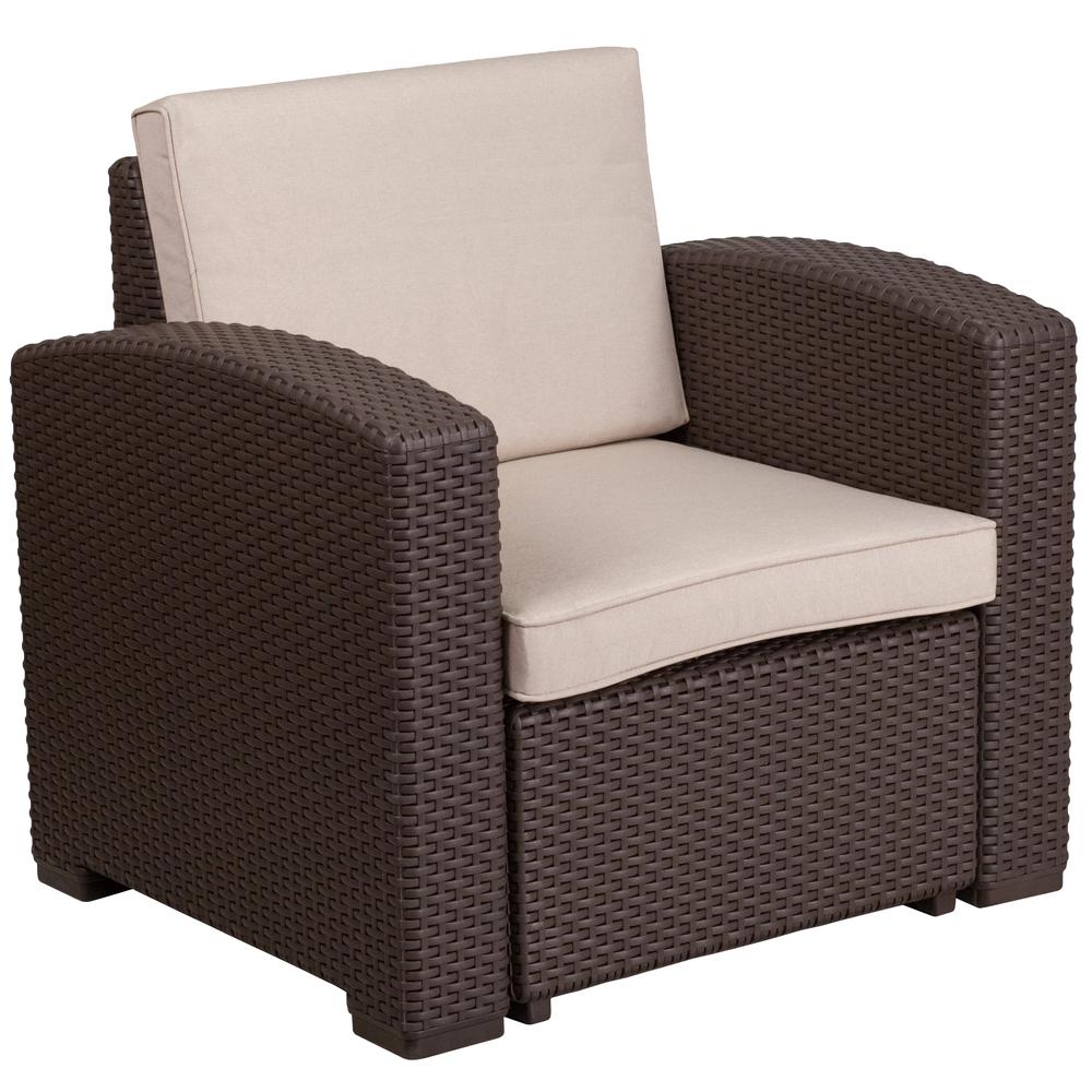 Chocolate Brown Faux Rattan Chair with All-Weather Beige Cushion - Flash Furniture