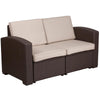 Chocolate Brown Faux Rattan Loveseat with All-Weather Beige Cushions - Flash Furniture