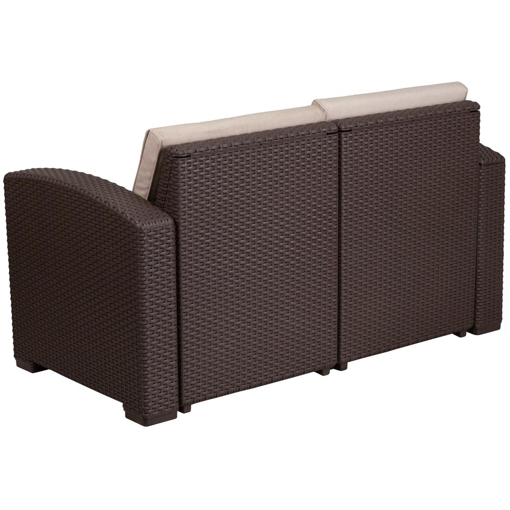 Chocolate Brown Faux Rattan Loveseat with All-Weather Beige Cushions - Flash Furniture