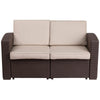 Chocolate Brown Faux Rattan Loveseat with All-Weather Beige Cushions - Flash Furniture