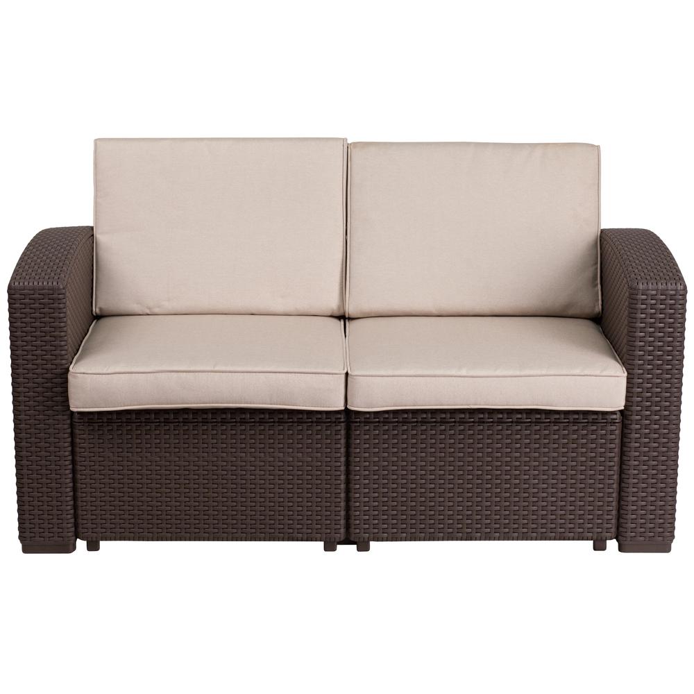 Chocolate Brown Faux Rattan Loveseat with All-Weather Beige Cushions - Flash Furniture