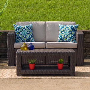 Chocolate Brown Faux Rattan Loveseat with All-Weather Beige Cushions - Flash Furniture